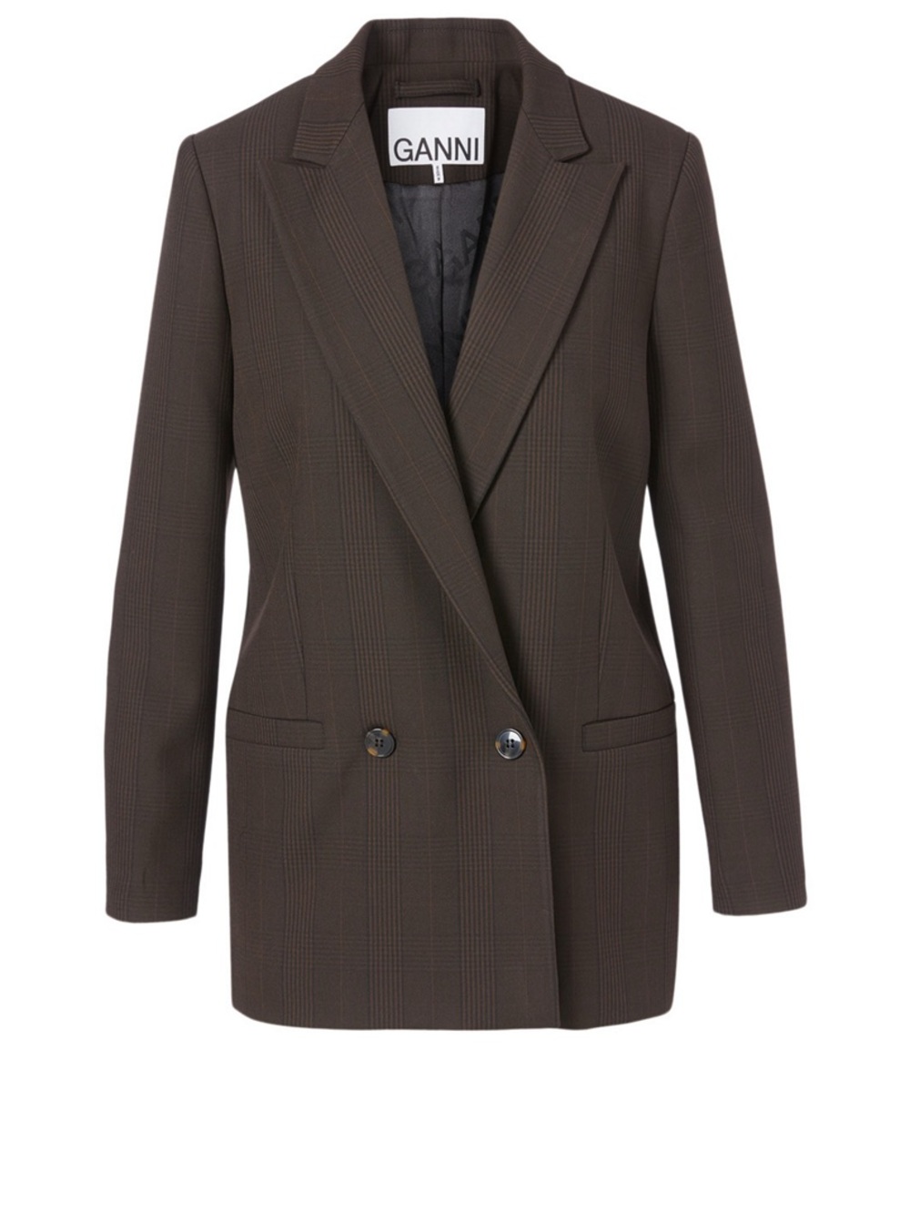 Ganni Dark Brown Double-Breasted Plaid Oversized Blazer Size 38 (Medium)
